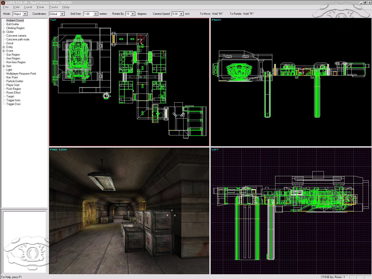 Here's the basic interface of the level editor. The level shown is actually one of the levels that appears in the PS2 demo, but also in the full version of the game.